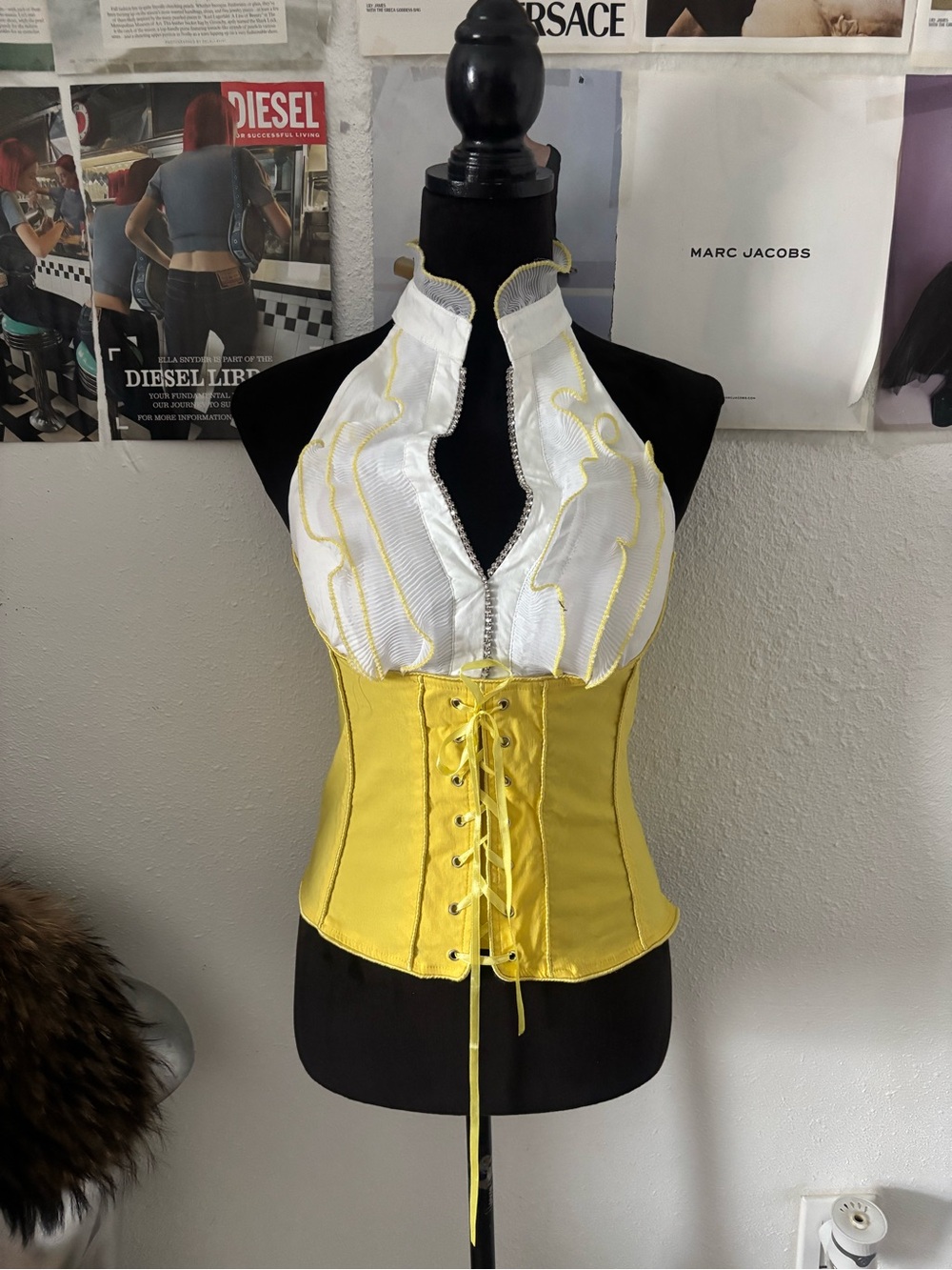 Y2K Ole Ole Yellow and White Lace-Up Halter Corset Top